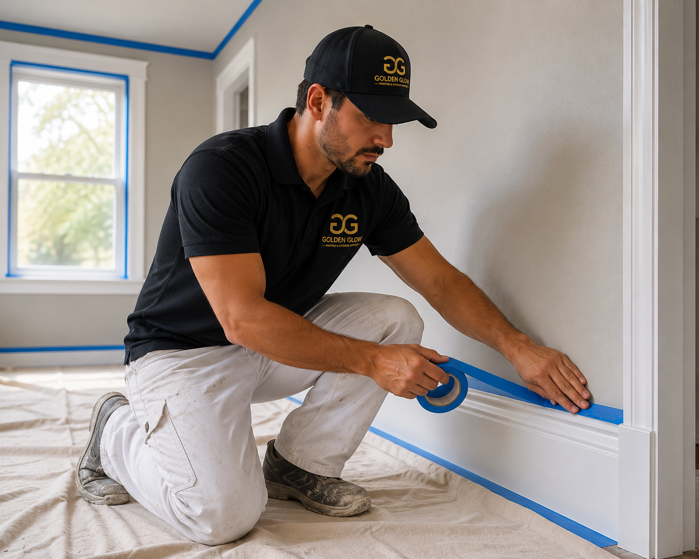 Golden Glow worker applying painter's tape to baseboards